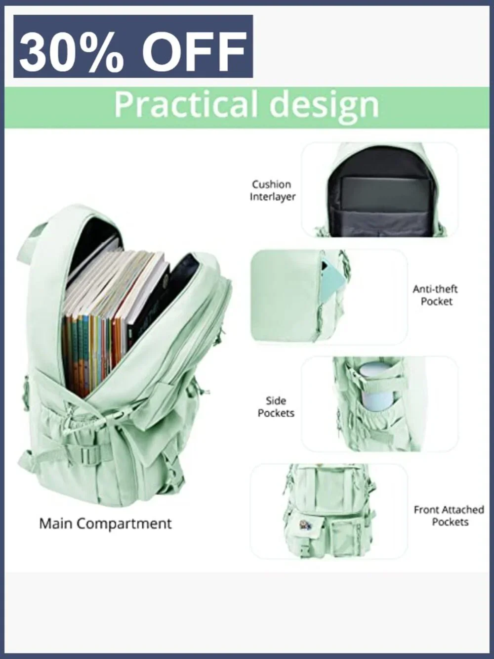 Kawaii Backpack Rucksack for Teen Girls Aesthetic Student Bookbag with Pin